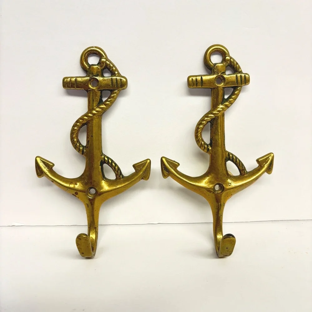 Vintage Solid Brass Anchor Wall Hooks Pair Nautical Coastal Maritime Decor